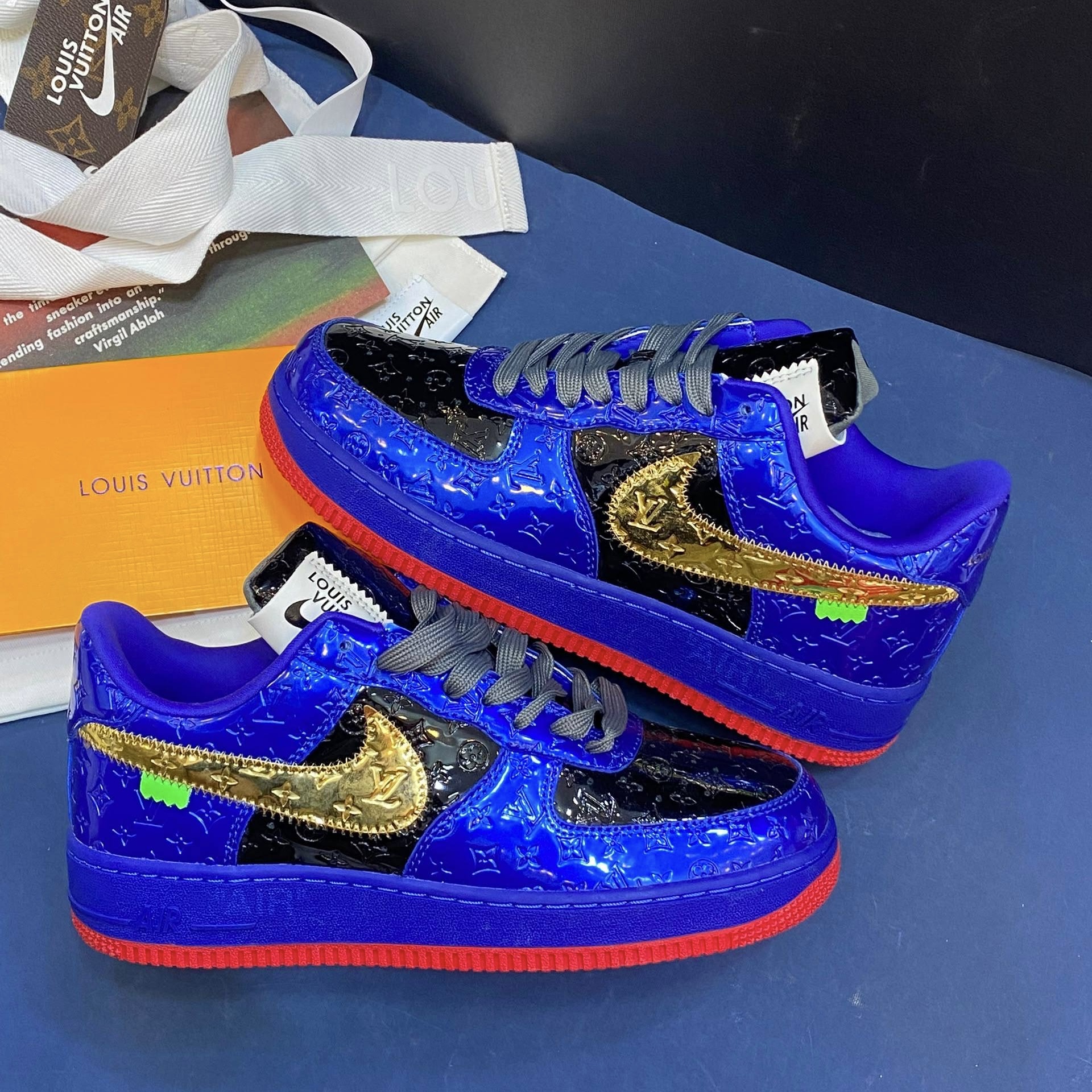کفش کتونی نایک ایرفورس 1 لویی ویتون (کیفیت فول مستر) Nike Air Force 1 X LOUIS VUITTON آبی مشکی